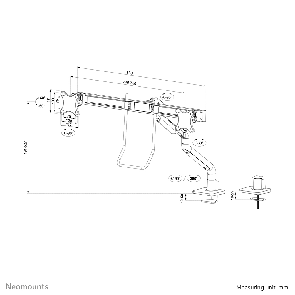 Neomounts DS75S-950BL2 Monitorarm 17-32" - Gasfeder - Topfix - 180°-Stopp